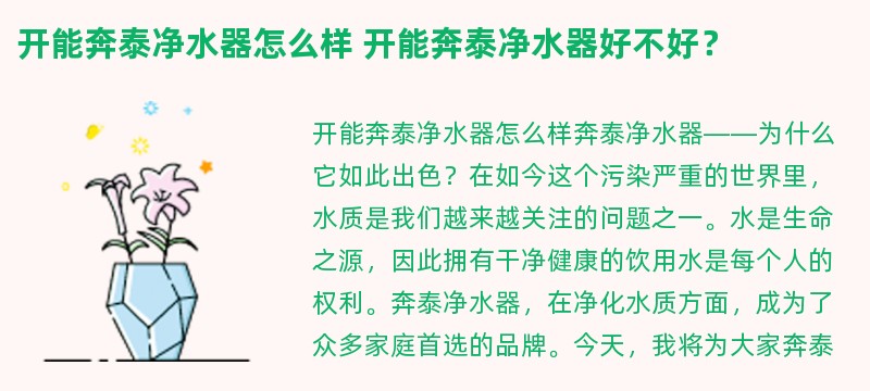 开能奔泰净水器怎么样 开能奔泰净水器好不好？